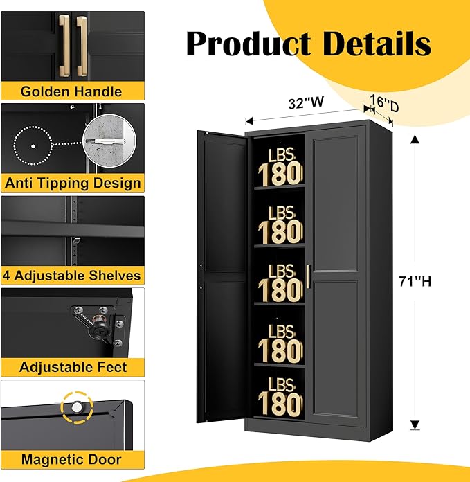 Kitchen Pantry Cabinet,71”Black Metal Pantry Storage Cabinet with Doors and 4 Adjustable Shelves,Kitchen Cabinet with 2 Gold Handles,Tall Cabinet for Livingroom,Pantry, Bathroom-Ruum Studio Home