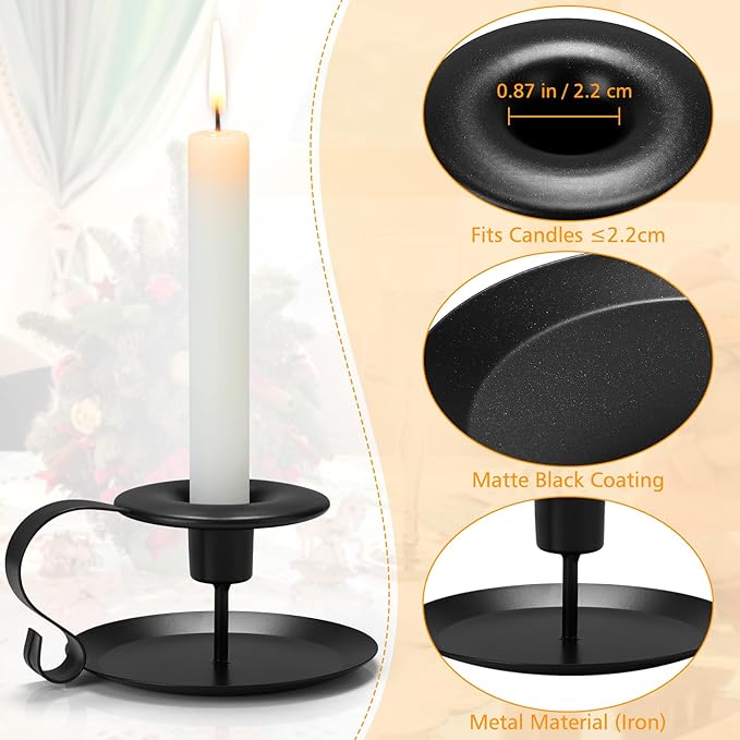 Black Metal Taper Candle Holders Set of 2, Vintage Chamberstick Candle Holder with Handle for Taper Candles, Farmhouse Rustic Candle Holders for Table Decor, Halloween Christmas Decoration-Ruum Studio Home
