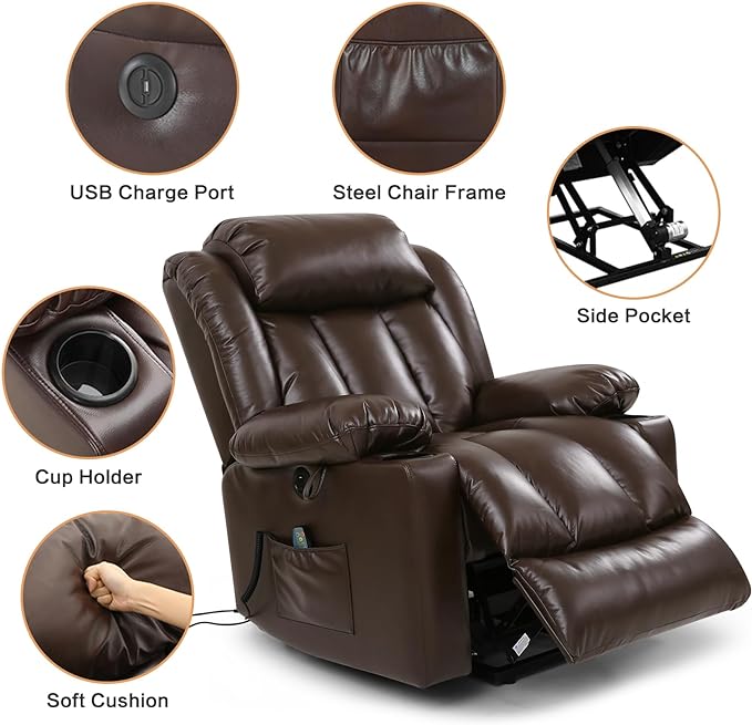 Power Lift Recliner Chair for Elderly Breathable Leather Recliner Chair with Massage and Heat for People Limited Mobility,2 Cup Holders,Electric Stand Assist,USB Ports,Gifts for Family (Brown)-Ruum Studio Home