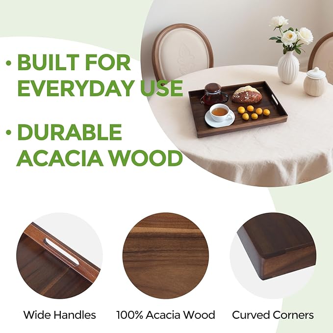 Acacia Wood Serving Tray with Handles, 17 Inch Wooden Tray for Ottoman, Breakfast, Lunch, Dinner, Decorative Rectangular Tray for Living Room, Kitchen Counter, Outdoor-Ruum Studio Home