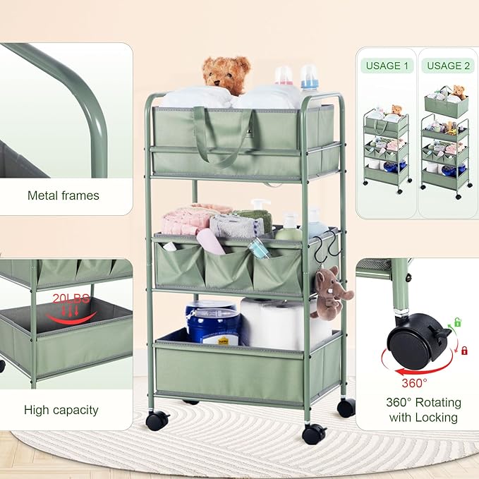 Honeydak 2in1 Baby Diaper Caddy Organizer Cart 3 Tier Large Capacity Metal Utility Bedside Rolling Cart with Divider for Newborn Nursery Essential Must Have for Crib Bedroom Baby Shower(Green)-Ruum Studio Home