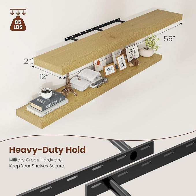 12 Inch Deep Floating Shelves 55 inch Long, 55 x 12 Wide Wall Shelves with Invisible Brackets, Heavy Duty Shelf for Bedroom Bathroom Living Room Kitchen Office Home Decor, Modern Shelf Set of 2, Oak-Ruum Studio Home