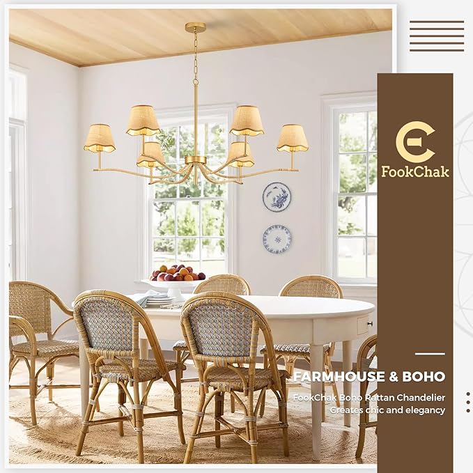 6 Light Boho Rattan Chandelier 44'' Brass Gold Chandelier Light Fixture Hand Woven Dining Room Chandeliers for Entryway Bedroom Living Room Bathroom-Ruum Studio Home