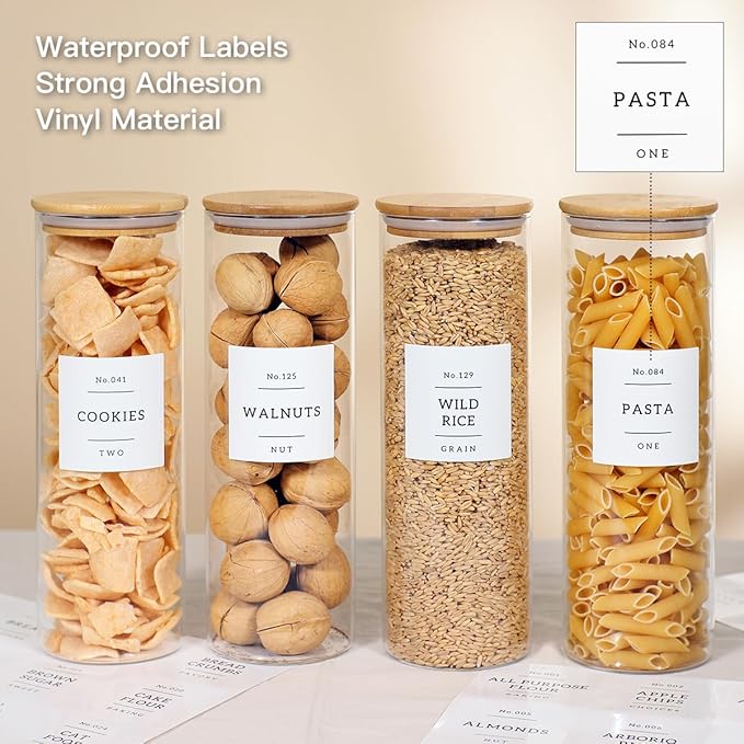 4 Pack Glass Jar with Airtight Wood Lid and White 132 Kichen Pantry Labels Preprinted - 38 Oz Clear Round Glass Food Storage Containers set For Cereal Rice Sugar-Ruum Studio Home