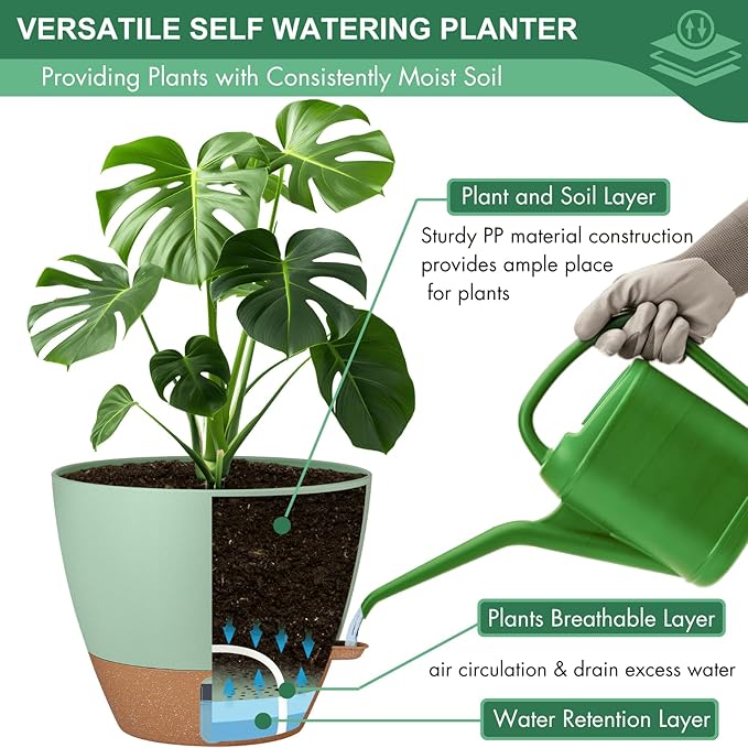 montresor 2 Pack 10 inch Plant Pots, PP Plastic Self Watering Planter with Drainage and Tray for Indoor Outdoor Plants, Water Level Window & Reservoir Flower Pots Decorative Planter (Green)-Ruum Studio Home