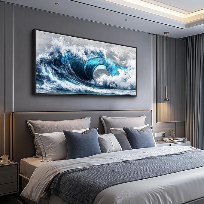 PHAOHUAXM Blue Wave lPaintings Wall Art For Living Room Wall Decor For Bedroom Ocean Inspiration Wall Pictures Office Decor Posters Modern Printing Canvas Artwork Home Decor Black Framed 20x40 In-Ruum Studio Home