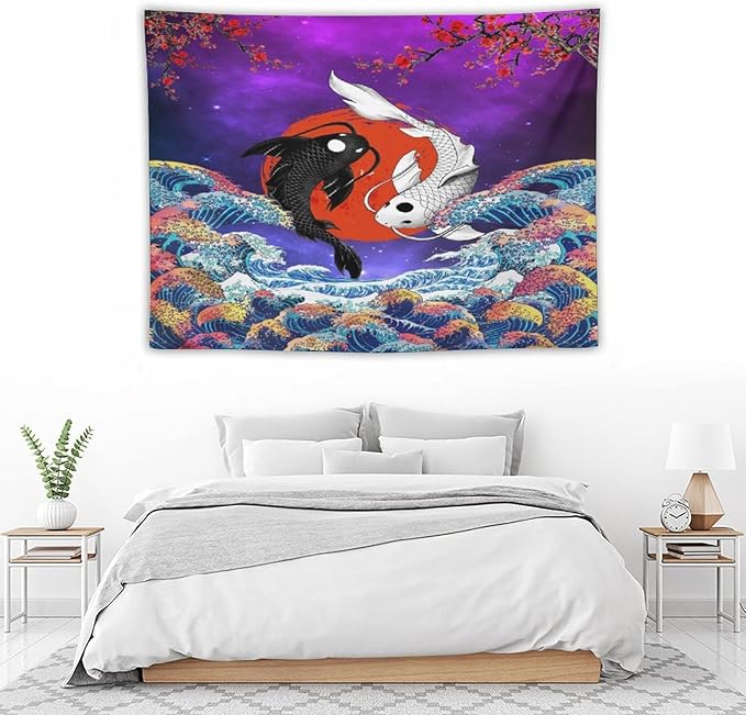 Houselerax Japanese Koi Fish Tapestry, Yin Yang Big Wave Cherry Blossom Tapestries Wall Hanging for Bedroom Living Room Office Decor 40"x30"-Ruum Studio Home