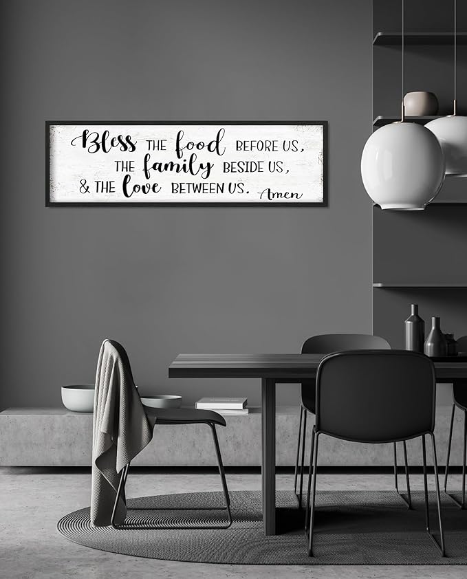 Bless the Food Before Us Wall Decor: Farmhouse Rustic Kitchen Signs Wall Decor Framed Hanging Wall Plaques 12" x 40",Inspirational Quotes The Family Beside Us Signs-Ruum Studio Home