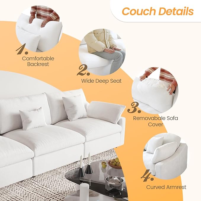 JACH Sectional Couches for Living Room, Cloud Sectional Couch with Deep Seat, Down Filled Modular Sofa, Covers Removeable & Washable,Love Seat Sofas Furniture for Living Room, White-Ruum Studio Home