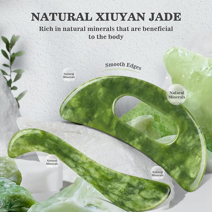 2 PCS Jade Stone Gua Sha Massage Tool, Large Guasha Muscle Scraper Tools Set with Handle Muscle Scraping Massage Tools S Shaped Anti Cellulite Spa Acupuncture Tools for Lymphatic Drainage-Ruum Studio Home