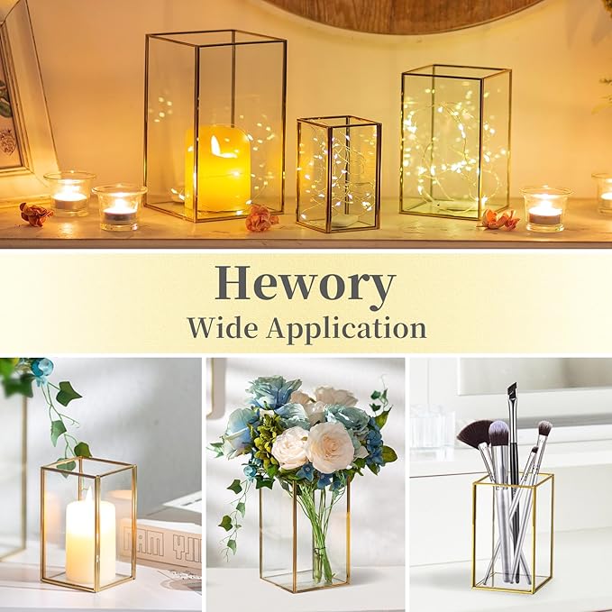 Glass Hurricane Candle Holder Large - Hewory 18pcs Gold Rectangle Flower Holders Centerpiece for Table, Tall Floor Square Pillar Candle Lantern for Wedding, Anniversary, Party, Fireplace, Dining Room-Ruum Studio Home