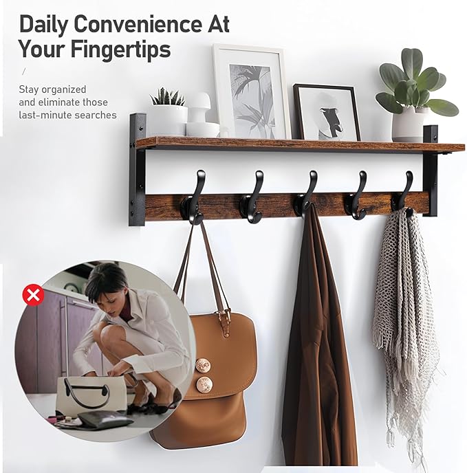 Tatub 29" Rustic Coat Rack Wall Mount with Shelf, Entryway Wall Hooks with Shelf, Coat Hangers for Bathroom, Living Room, Bedroom, Rustic Black-Ruum Studio Home