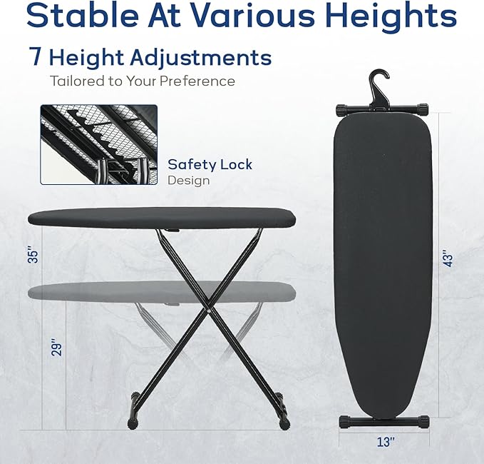 Ironing Board 43x13 with Iron Rest, RAINHOL Compact Iron Board Full Size with Thick Cover and Pad, Easy Storage Hanger with Heat-Resistant Silicone Pad, Space Saving and Height Adjustable, Black-Ruum Studio Home