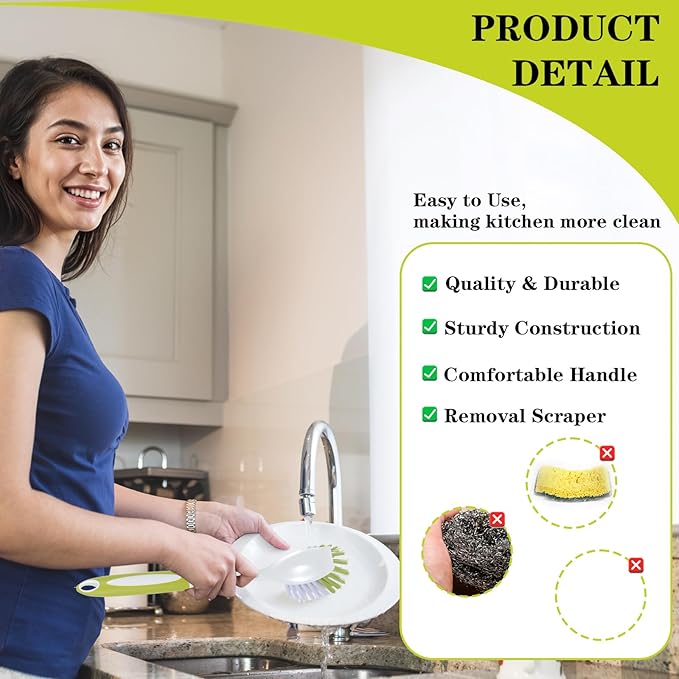 8 Pcs Dish Brush with Handle Kitchen Scrub Brush Pot and Pan Cleaning Brush Dish Scrubber with Stiff PET Bristles for Cookware Sink Washing Household, Green, 11 x 3.1 x 0.98 Inch-Ruum Studio Home