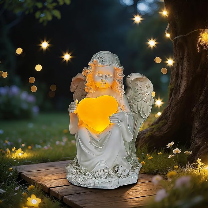 Angel Statues for Garden, Solar Angels for Outside with Glowing Heart & Cemetery Decorations for Grave, Yard Art Patio Balcony & Lawn Ornaments Gifts for Mom Grandma Women-Ruum Studio Home