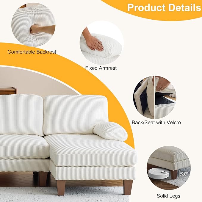 Karl home U-Shape Sectional Sofa Couch 111" Modern 4-Seat Sofa with Chaises Corduroy Fabric Upholstered Covertible Couch with Wood Grain Legs for Living Room, Reception Room, Apartment, Beige-Ruum Studio Home