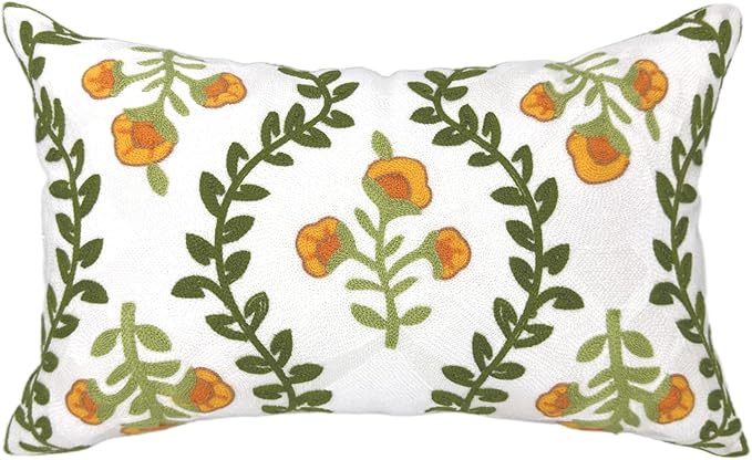 Alysheer Flower Embroidered Summer Decorative Lumbar Throw Pillow Cover 12"x 20", Farmhouse Cottage Orange Floral Green Leaves Patterned Cotton Canvas Cushion Case for Sofa Couch Bed Living Room-Ruum Studio Home