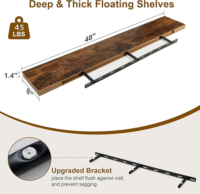 Fun Memories Floating Shelves, 8 Inch Deep Floating Shelves, Rustic Wood Fireplace Mantel 48 in Long, 48 x 8 Floating Wall Shelves for Living Room, Kitchen, Bedroom, Rustic Brown, 1 Pack-Ruum Studio Home