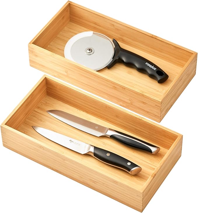 Umilife Bamboo Kitchen Utensils Organizer, Extra High Silverware Drawer Holder, Flatware Cutlery Storage Box, Multi-Use Drawer Divider in Office, Bathroom, Pantry - 12"x6"x2.5" (Set of 2)-Ruum Studio Home