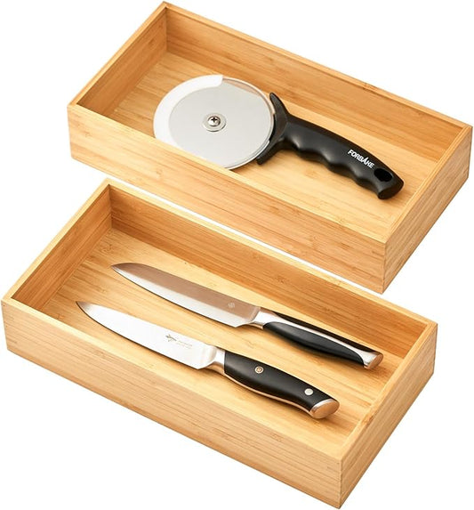 Umilife Bamboo Kitchen Utensils Organizer, Extra High Silverware Drawer Holder, Flatware Cutlery Storage Box, Multi-Use Drawer Divider in Office, Bathroom, Pantry - 12"x6"x2.5" (Set of 2)-Ruum Studio Home