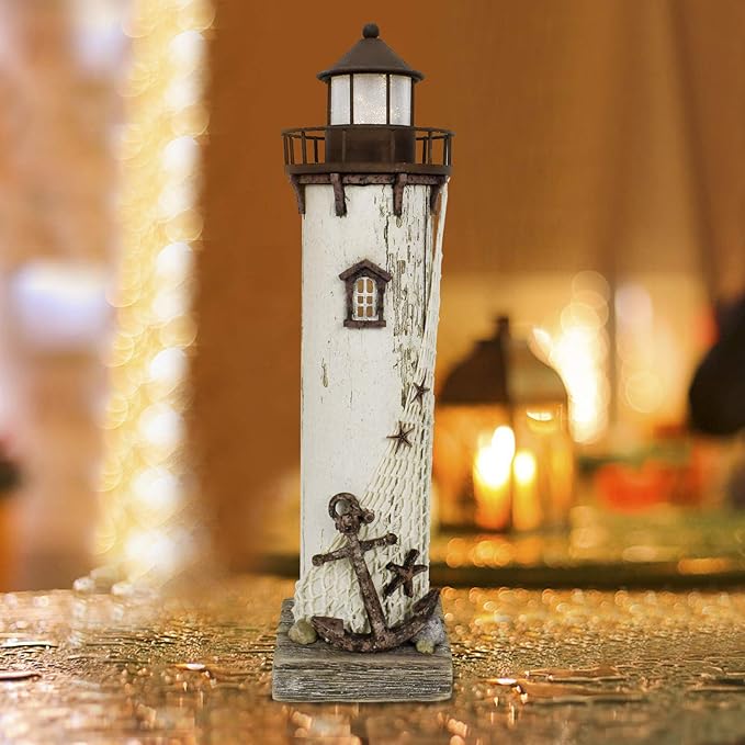 Linfevisi Wood Lighthouse Decor Rustic LED Light House Decor Wooden Decorative Nautical Lighthouse Statue Coastal Beach Themed Lighthouse Handcrafted Tabletop Decoration Home Bathroom (14.75")-Ruum Studio Home