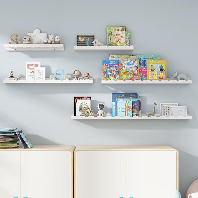 Fun Memories Picture Ledge Shelf for Wall, 48 inch Pine Wood Nursery Book Shelves Set of 2- Wall Book Shelves for Kids Room, Home Decor - Kitchen Spice-White-Ruum Studio Home