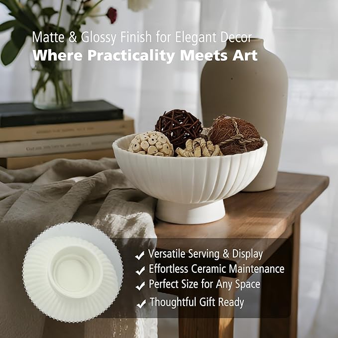 White Ceramic Fluted Decorative Bowl - 8 inch Fruit Footed Bowl for Kitchen Counter, Modern Key Pedestal Ruffle Bowl for Entryway Table & Home Organization-Fits Bread, Fruits, Salad or Popcorn-Ruum Studio Home