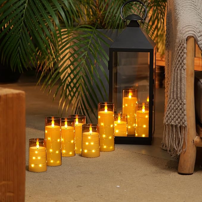 Homemory 9 Pcs Flameless Candles with Embedded Star String Fairy Lights, Battery Operated Candles, LED Candle, Fake Candles with Remote Control and Timer (Gold)-Ruum Studio Home