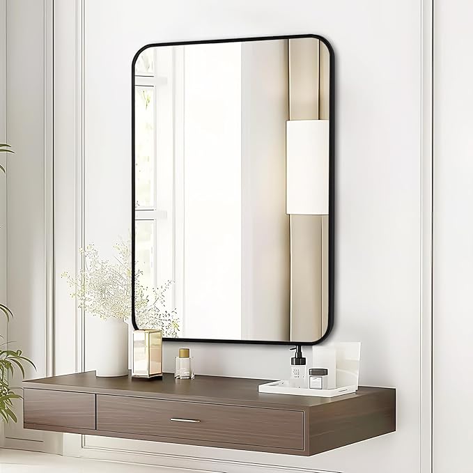 Fabuday Black Wall Mirror for Bathroom Over Sink - 20x30 Matte Metal Framed Rectangle Mirror, Rounded Rectangular Vanity Mirrors for Living Room, Bedroom, Entryway, Hallway, Horizontally/Vertically-Ruum Studio Home
