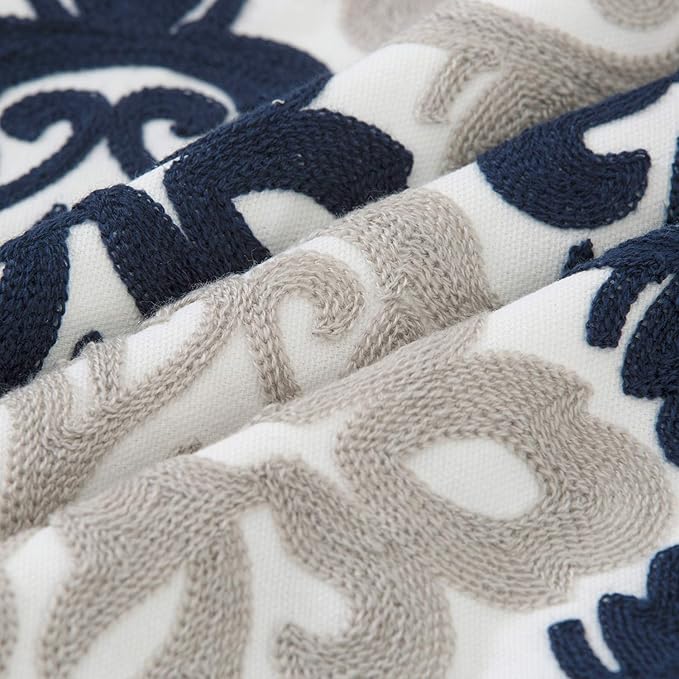 HWY 50 Navy Blue Decorative Throw Pillow Covers 18x18 Inch (1 Piece), Embroidered Cotton Farmhouse Cushion Cover Pillow Case for Sofa Couch Living Room Bed Bedroon, Floral Geometric-Ruum Studio Home