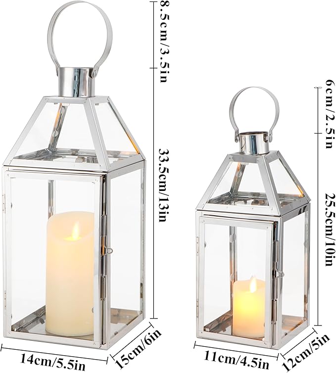 TRIROCKS Set of 2 Stainless Steel Decorative Lanterns 13"&10" H Metal Candle Holders with Tempered Glass for Home Decor Living Room Parties Events Tabletop Indoors Outdoors(Silver)-Ruum Studio Home