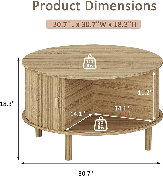 Round Coffee Table with Storage,Fluted Table with 360°Curved Sliding Doors,Solid Wood Legs, Mid Century Modern Center Table for Living Room,Apartment, Home Office,Oak,Natural-Ruum Studio Home