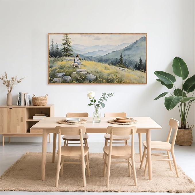 Aurlan Christian Jesus with Lost Sheep Wall Art(40"x20"), Boho Religious Lamb The Good Shepherd Psalm 23 Canvas Artwork, Large Abstcat Watercolor Vintage Nature Landscape Bible Story Decor for Home Dining Room Christ Gift-Ruum Studio Home