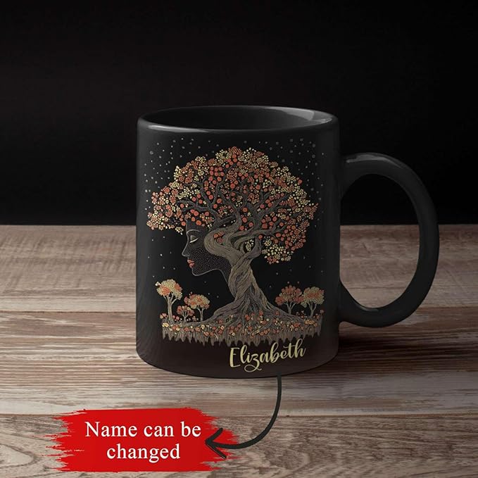 Custom Name Coffee Mug 11oz 15oz, Unique Nature Inspired Coffee Cup for Women, Personalized Vibrant Nature Themed Black Cup, Artistic Tree Ceramic Mug, Gifts for Women's Day-Ruum Studio Home