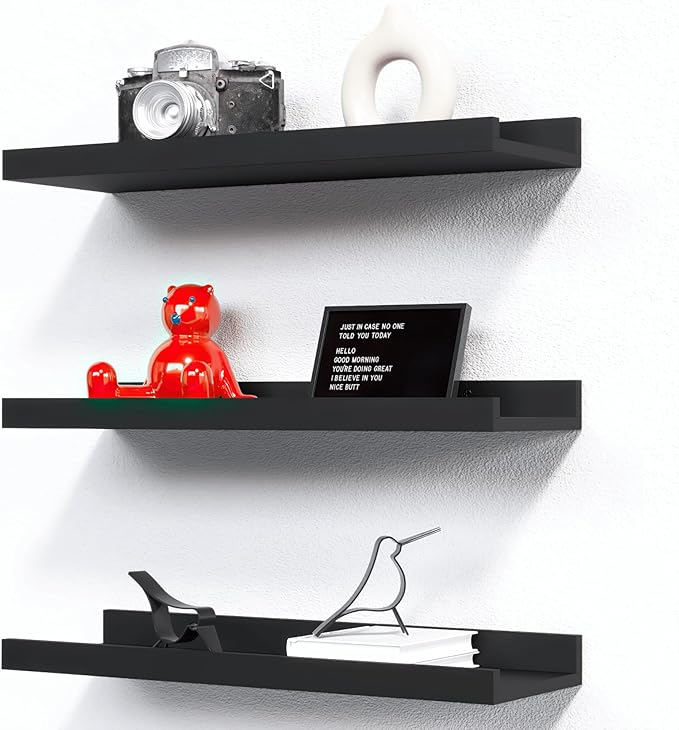 RICHER HOUSE 3 Set Floating Shelves for Wall, Black Wall Mounted Shelves with Lip for Storage, Display Picture Ledge Shelf for Bedroom Bathroom Kitchen Living Room Decor, Modern Black-Ruum Studio Home