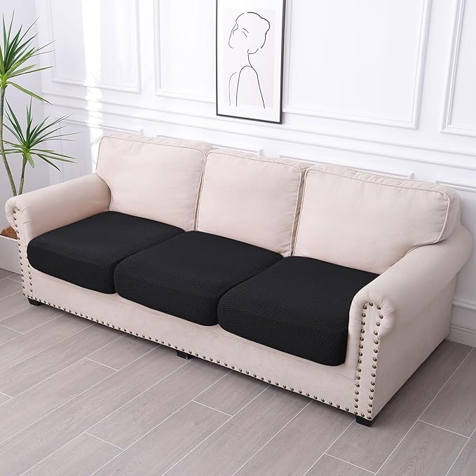 hyha Waterproof Couch Cushion Covers for Pets, Non Slip Sofa Seat Cover for Dogs Washable, Soft Thick Stretch Jacquard Fabric, Sofa Slipcovers with Elastic Bottom (3 Pieces, Black)-Ruum Studio Home