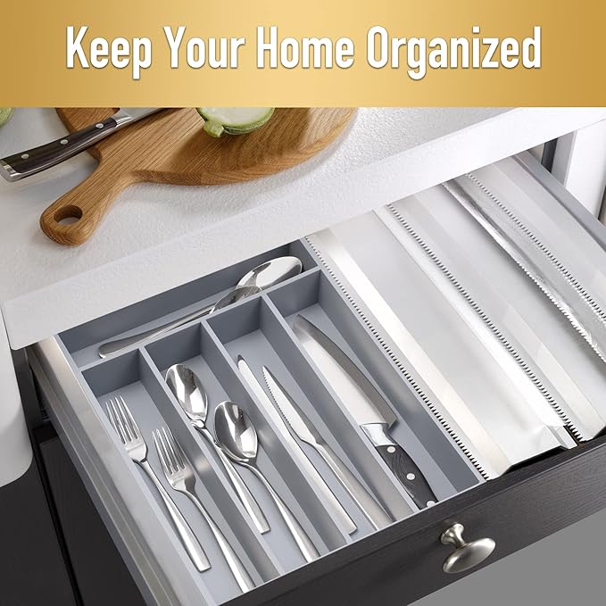 Bamboo Silverware Holder - Drawer Organizer with 5 Slots (Gray)-Ruum Studio Home