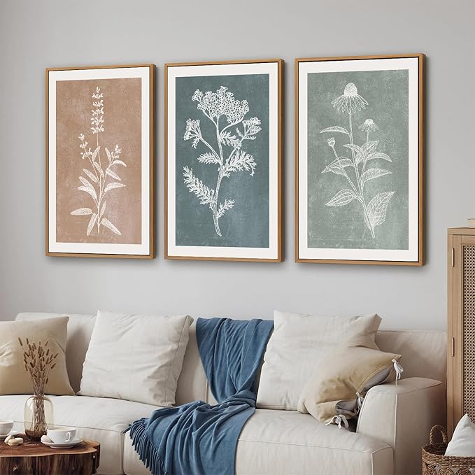 SIGNINART Neutral Botanical Framed Canvas Wall Art Set, Vintage Floral Wall Decor, Boho Minimalist Plant Wall Painting, Art Print for Farmhouse Living Room, Bedroom, Office, Bathroom 16"x24"x3-Ruum Studio Home