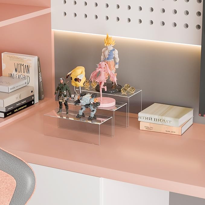 Clear Display Risers Shelf 3pcs, Countertop Rectangular Acrylic Display Storage Organizer, Acrylic Stands for Funko Pop Figure, Cosmetics, Bags, Shoes, Toys, Collectibles - 12- 4'', 5'', 6''-Ruum Studio Home