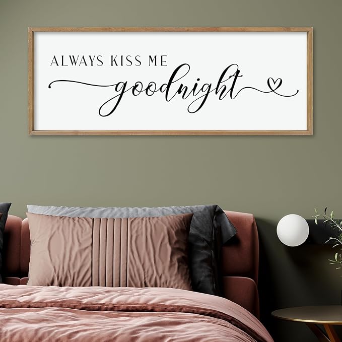 comurdyo Always Kiss Me Goodnight Sign for Bedroom Above bed Wall Decor 40''×15'' Large Wood Frame For Couples Over Bed Hanging Wall Art (Wood)-Ruum Studio Home