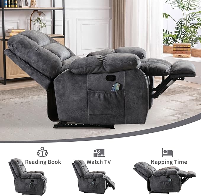 Massage Recliner Chair with Heat and Massage, Soft Fabric Ergonomic Manual Reclining Chairs, Heavy Duty Reclining Sofa Chair with Side Pockets for Living Room (D-Grey)-Ruum Studio Home