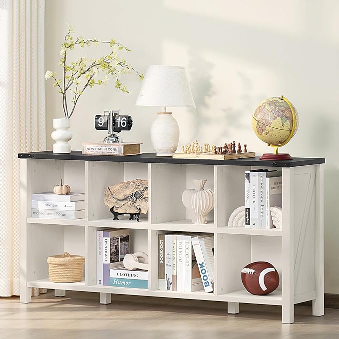 8 Cube Book Shelf, Farmhouse Wood Long Storage Organizer Bookcase, 62" Horizontal Antique White & Black Console Bookshelf, Kids Toy Storage Cabinet, Modern Open Book Case for Playroom, Office-Ruum Studio Home