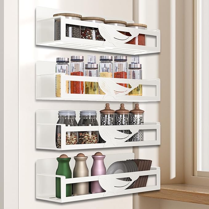 Magnetic Spice Rack for Refrigerator, 4-Pack Metal Seasoning Organizer for Kitchen Storage Organization, Space Saving Magnetic Shelf for Fridge, Pantry, Laundry Room, White-Ruum Studio Home