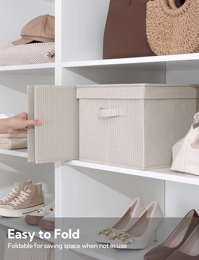 StorageWorks Storage Bins with Lids, Decorative Storage Boxes with Lid and Handles, Foldable Storage Baskets for Closet, Shelves, Stackable, Khaki Stripe, Jumbo, 3-Pack-Ruum Studio Home