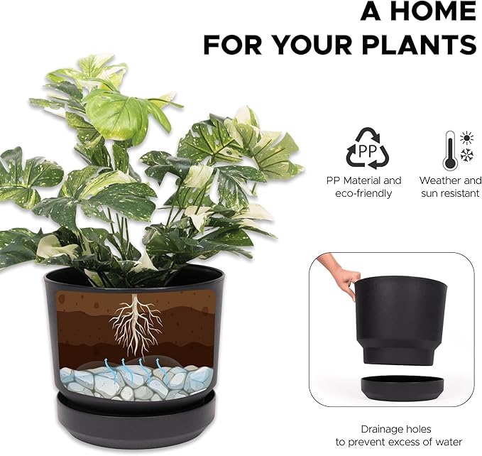 Elly Décor 8 inch Plastic Cylinder Planter Pot with Self-Watering Saucer and Drainage Hole,Lightweight & Extremely Durable, 8"x 8", Black-Ruum Studio Home