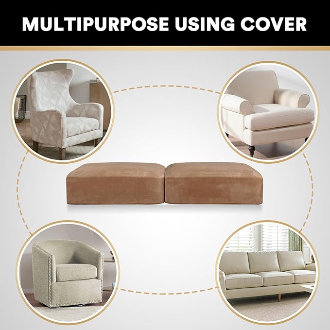 PrinceDeco Velvet Couch Cushion Cover Soft Stretch Cushion Slipcover for Chair Loveseat Sofa Cushion Furniture Protector Seat Cushion Sofa Cover (2 Piece Large Sofa Cushion Covers, Camel)-Ruum Studio Home