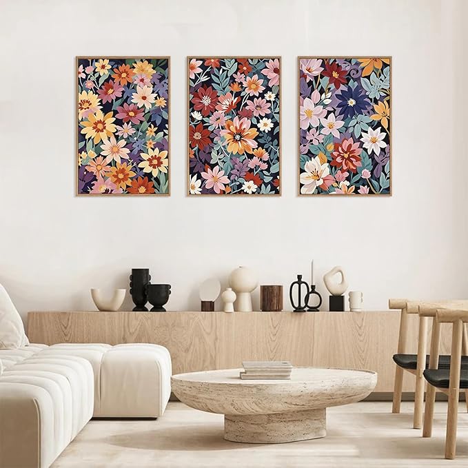 HLNIUC Boho Floral Framed Canvas Wall Art,Colorful Wildflower Landscape Wall Decor Set of 3(16”x24”)Rustic Bohemian Style Flower Art Print,Modern Botanical Floral Wall Painting for Living Room Bedroom-Ruum Studio Home