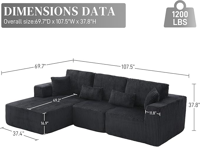 HYJT-H&K Modular Sectional Sofa Cloud Sectional Couch, 107" Comfy Fluffy L Shaped Dark Black Couches for Living Room, Deep Seat Memory Foam Plush Corduroy Boneless Couch Sectionals Left Facing Chaise-Ruum Studio Home
