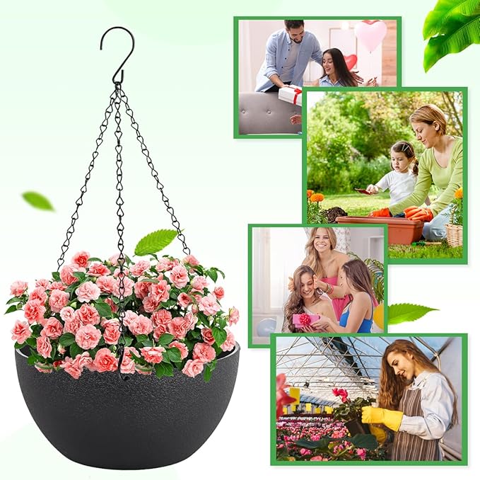 12 inch Hanging Planters for Indoor Plants, 2 Pack Planters for Outdoor Plants with Drainage Holes and Chain, Round Plastic Hanging Baskets, Hanging Flower Pots for Balcony Garden Decor-Black-Ruum Studio Home