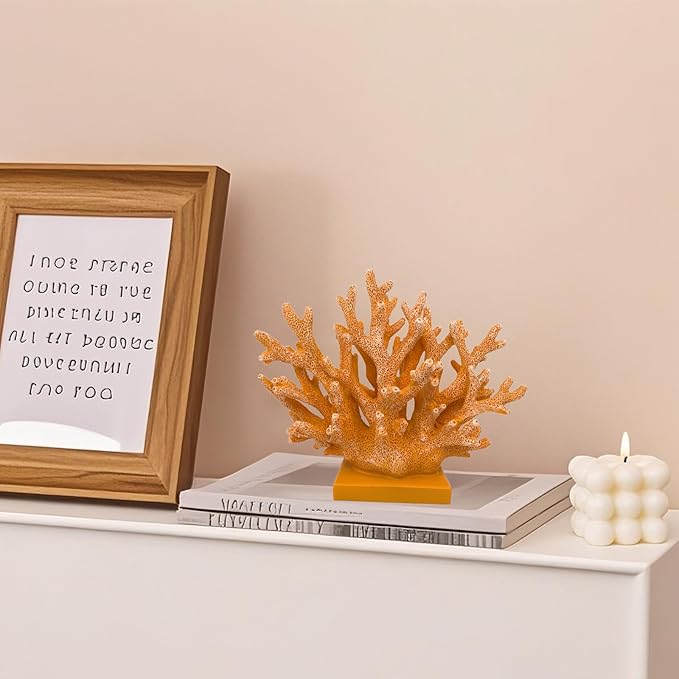 5.8" H Orange Coral Decor - Resin Coral Statue, Nautical Decor for Home, Bedroom, Bathroom, Living Room, Ocean Themed Cabinet Shelf Tabletop Decoration-Ruum Studio Home